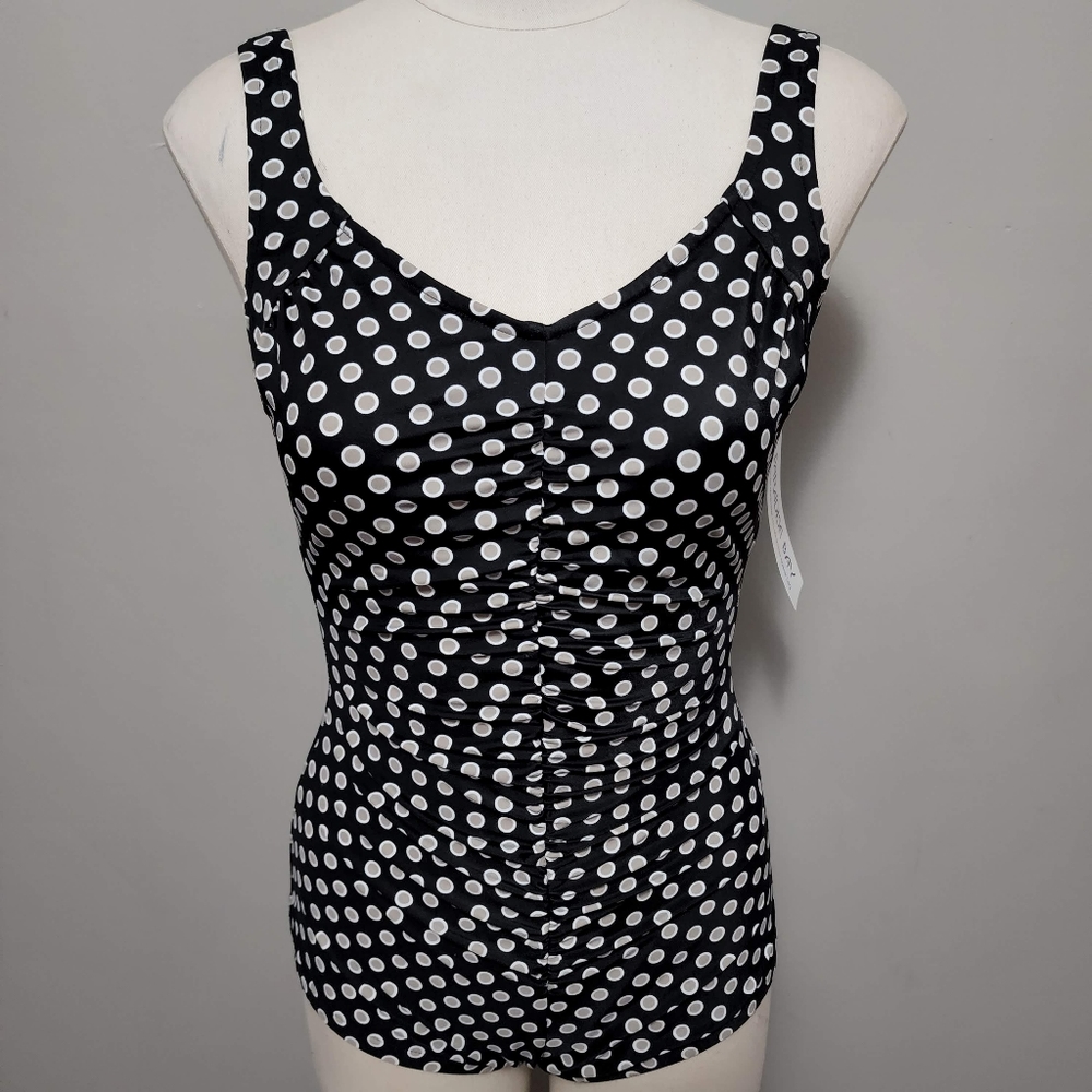 Paradise Bay black polka dot slimming one piece swimsuit size 8